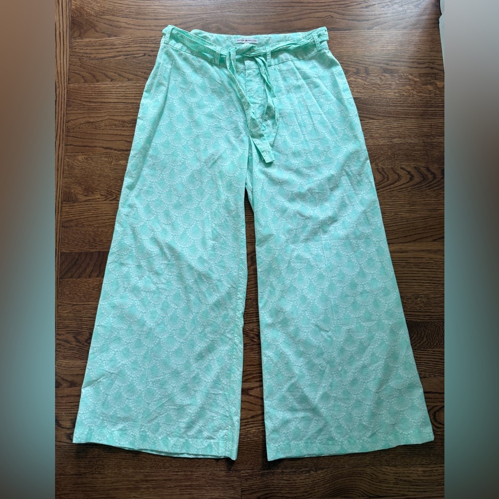 PETER MILLAR Mint‎ Green Wide Leg Pants Tie Belt Scallop Print Baggy Oversized 6